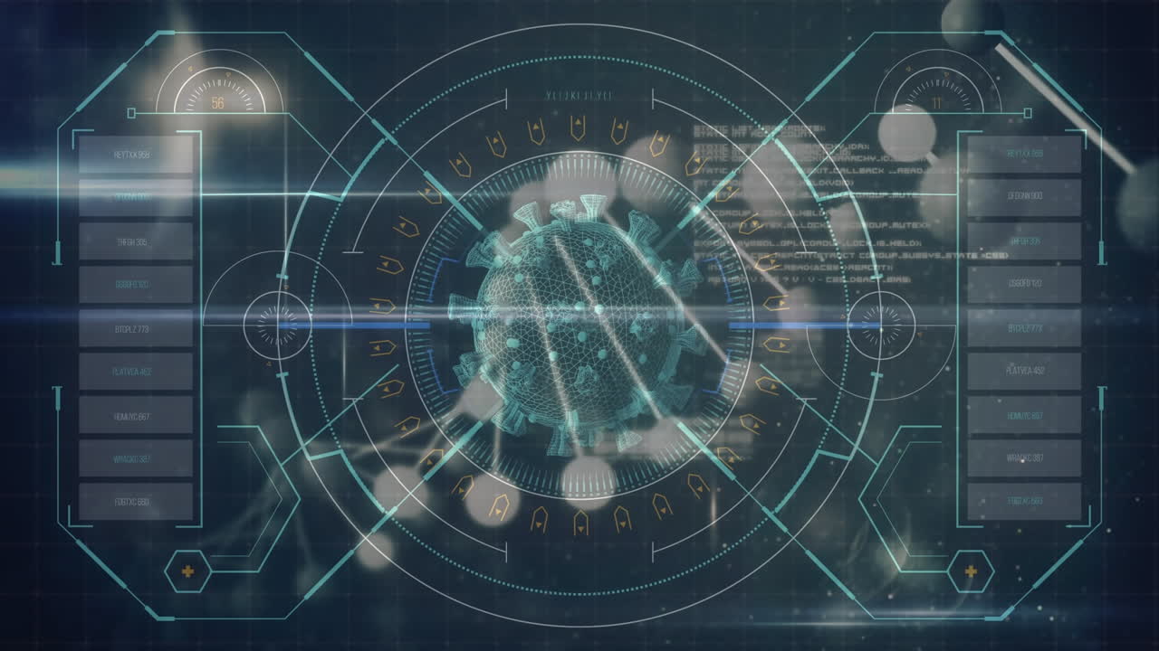 анимация компьютера, отображающая макрокоронавирусную клетку covid-19, проанализированную с помощью информации