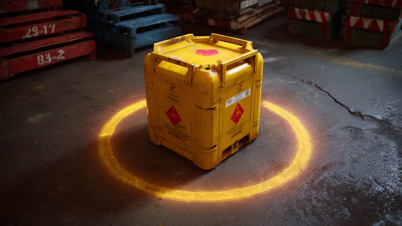 In a dimly lit warehouse, a bright yellow hazardous materials container sits prominently within a glowing orange circle, drawing attention to safety protocols and chemical storage precautions