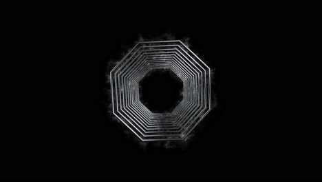 Octagon-metallic-rings-emitting-energy-particles-and-rotating-on-black-background-3D-animation