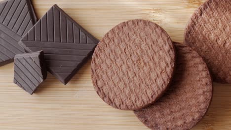 chocolate biscuits with a mix of dark and milk chocolate, showing textured wafers and bites