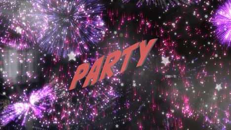 Animation-of-party-text-in-red-pink-and-red-fireworks-on-black-background