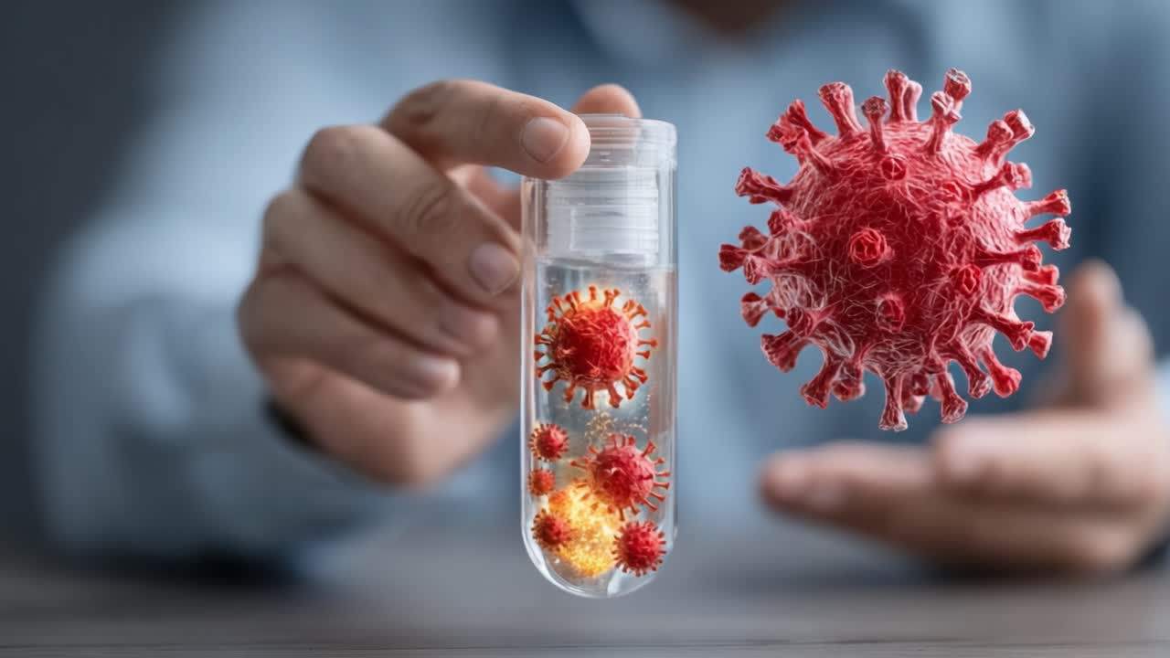 Analyse af viral forskning: Nærbillede af en videnskabsmand, der undersøger viruspartikler i et reagensglas med nye virusmodeller i en laboratorieindstilling