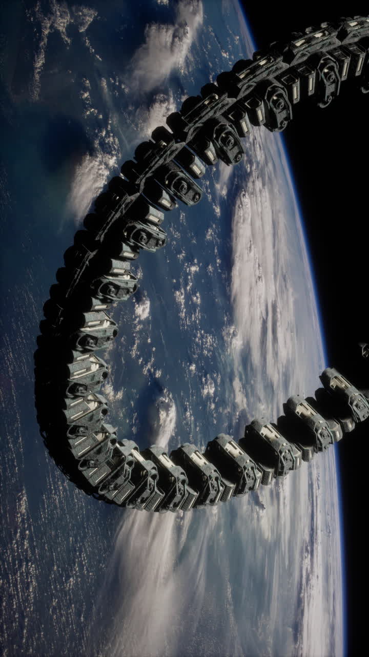 A futuristic space station orbits Earth