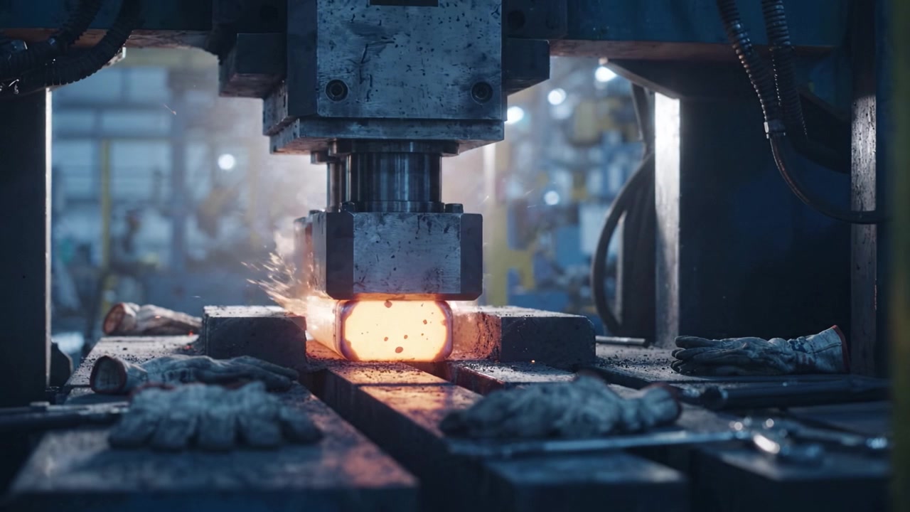 Industriell metallsmidesprocess med en hydraulisk press som utövar tryck på en uppvärmd metallstång, omgiven av verktyg i en fabriksmiljö.