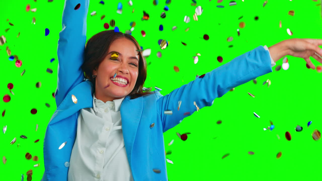 cara, celebración y mujer con confeti