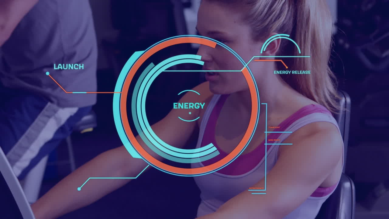 animación del procesamiento de datos sobre deportistas caucásicos que hacen ejercicio en el gimnasio