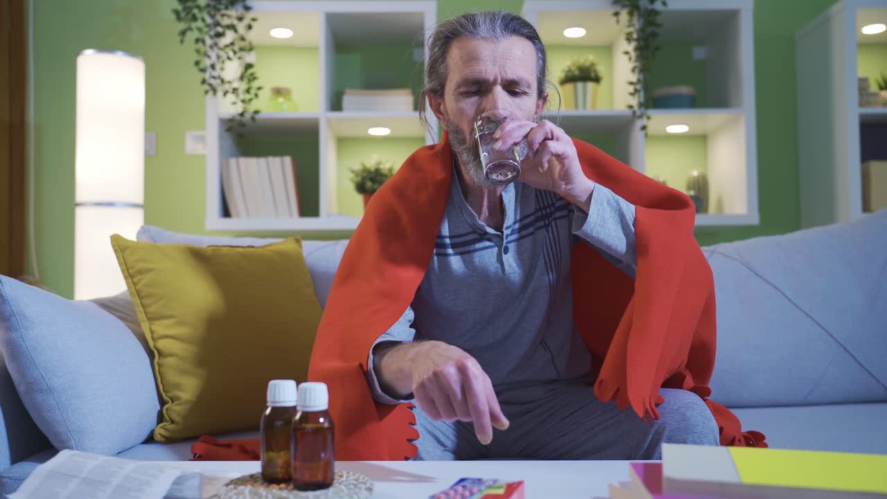 un anciano enfermo está tomando su medicina en casa debido a problemas de salud.