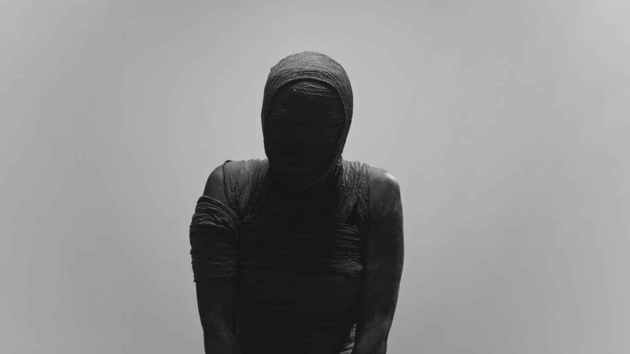 A mummy of a woman on a white backdrop slowly lowers her head