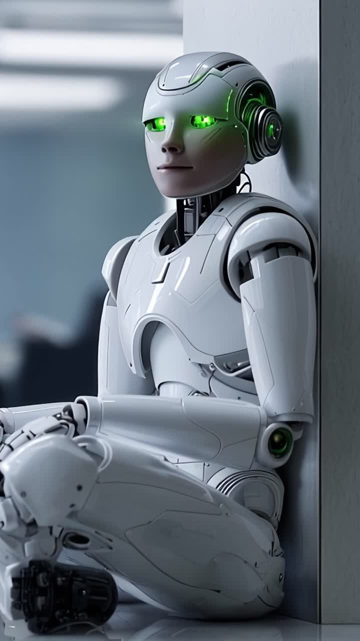 Un Androide Pensieroso Con Occhi Verdi Contempla La Sua Esistenza In Un Ambiente Futuristico, Fondendo Emozioni Umane E Robotica Avanzata In Un Design Armonioso