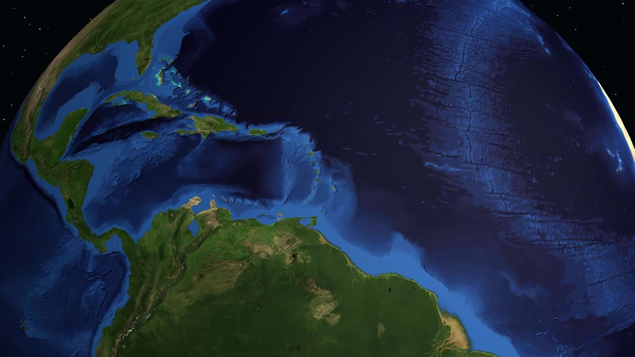 Digital globe rotates and zooms into Saint Lucia, displaying regional statistics and location markers