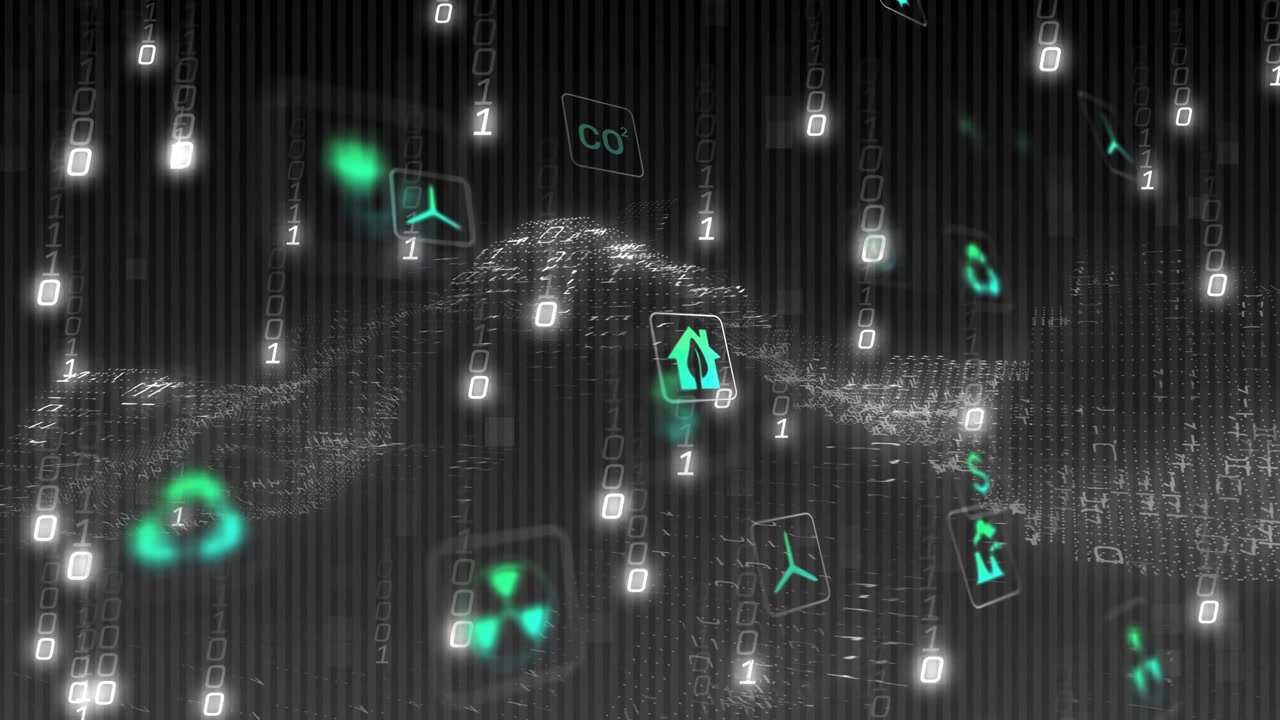 Binary rain intensifying, teal icons drifting and point-cloud ridges forming for energy dashboard