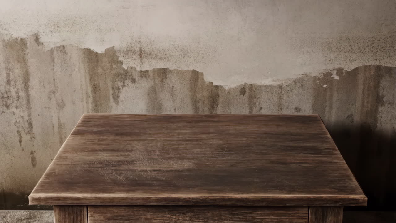 Empty Wooden Table with Grungy Distressed Wall Background
