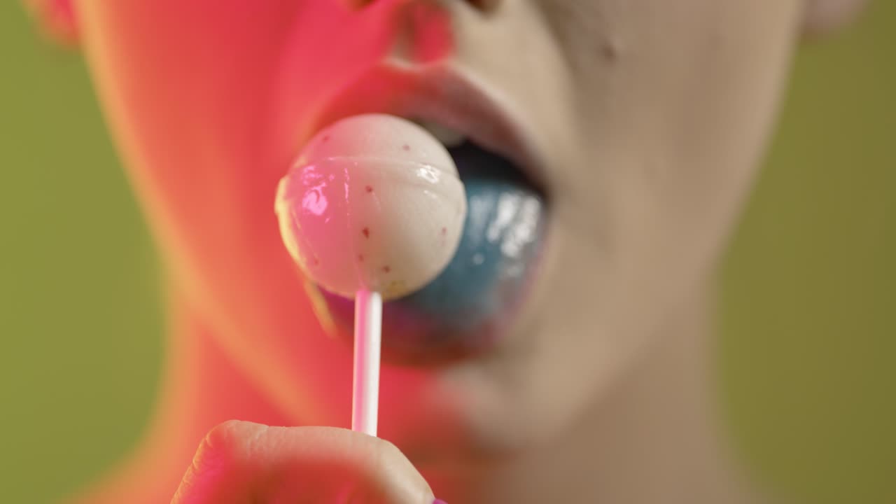 Young woman with blue tongue licks white lollipop, focus rack close-up face