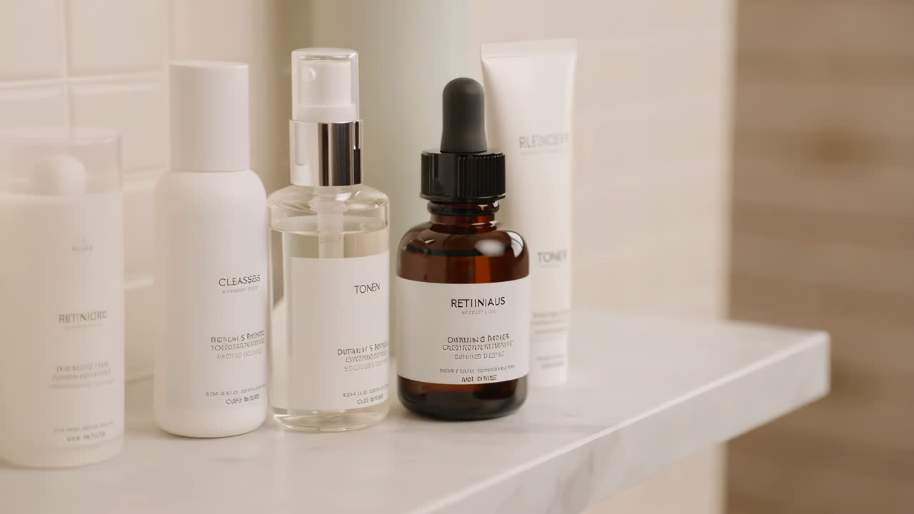 Skincare Routine Products on a Bathroom Shelf