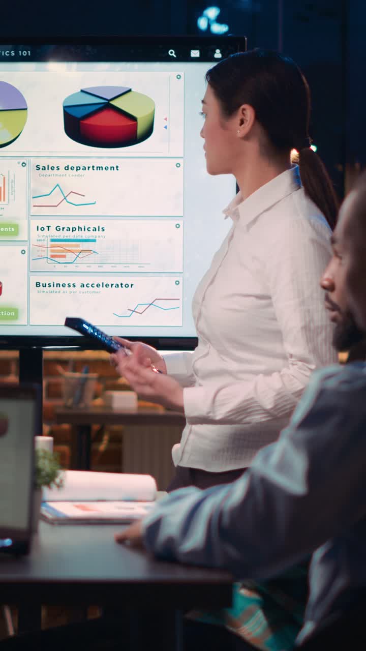 Vertical video: Project manager presentation, employee explaining analytics research results