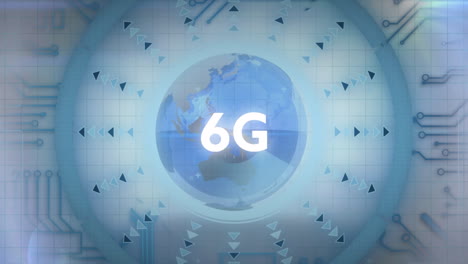 animation of 6g text with data processing over globe