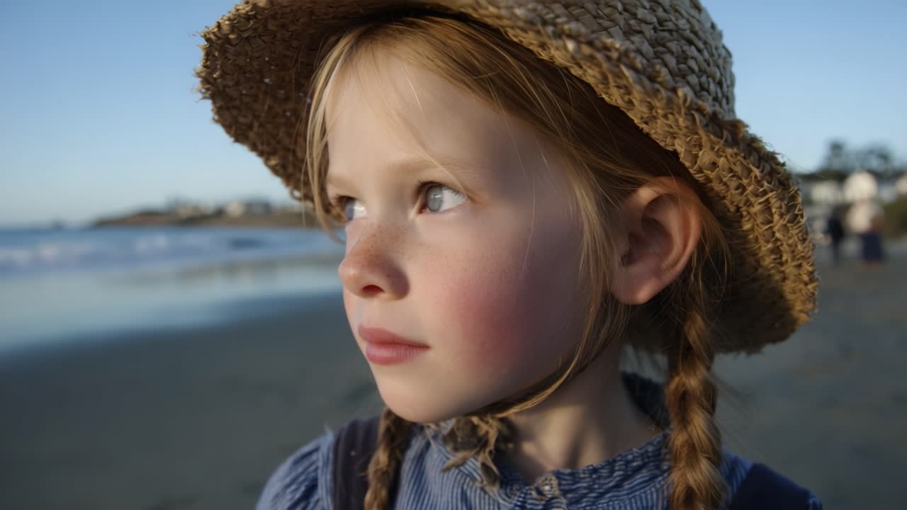 En tankfull ung flicka med flätat hår och en stråhatt står på stranden och blickar ut i fjärran medan vågorna som mjukt slår mot stranden skapar en fridfull atmosfär.
