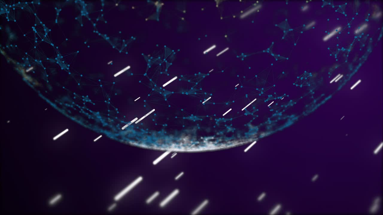 brillantes naves espaciales coloridas volando hacia el planeta en un patrón de plexo verde abstracto.