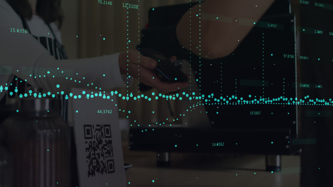 Animation of data processing over diverse people paying with smartwatch