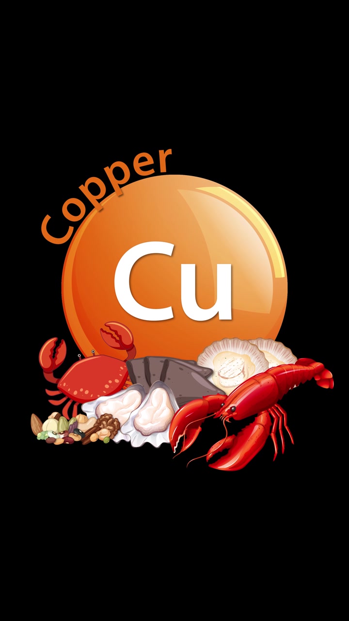 Un'icona arancione dell'elemento rame si anima con la parola 'Rame' e rivela gradualmente frutti di mare come granchi, aragoste e molluschi su uno sfondo nero.