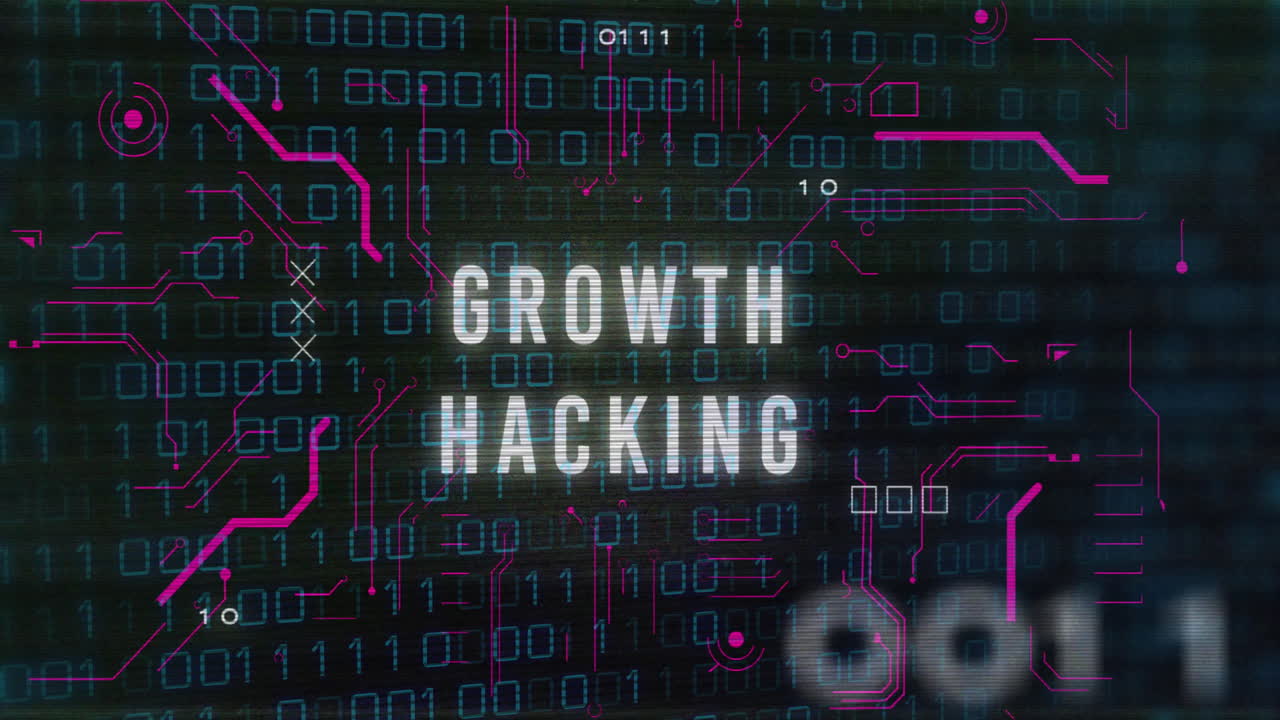 Binary code and Growth Hacking text animation over digital background