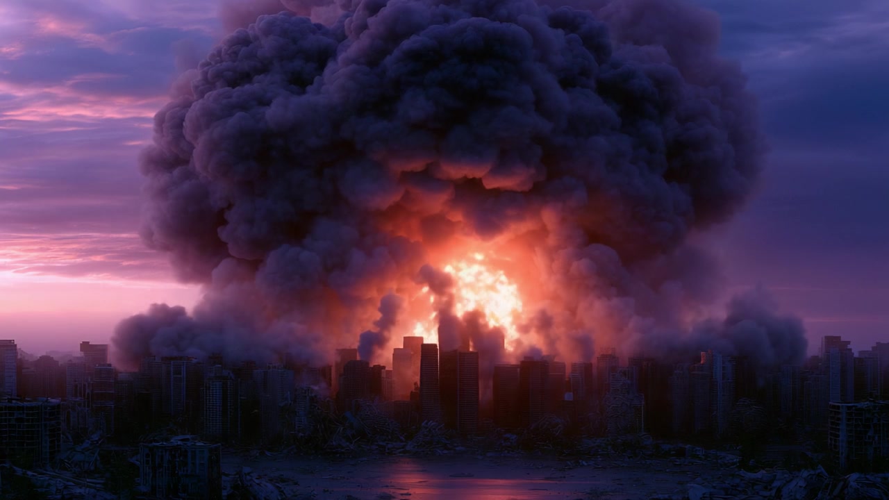 Catastrophic Urban Explosion: A Series of Frames Capturing the Spectacular Destruction of a Cityscape Amidst an Eerie Twilight Background Filled with Flames and Smoke