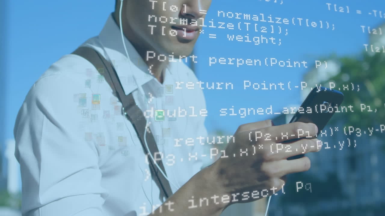 Animation of data processing over caucasian businessman using smartphone