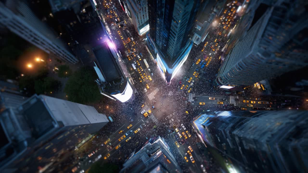 Aerial View of a Bustling Urban Crossroad with Traffic and Crowds at Night Illuminated by Bright City Lights and Billboards in a Metropolitan Area