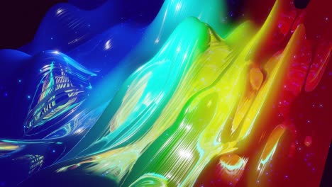 superficie 3d abstracta con hermosas olas, chispas luminosas y gradiente de colores brillantes, colores del arco iris. las olas corren en una superficie muy brillante y brillante con brillo brillante. animación en bucle 4k