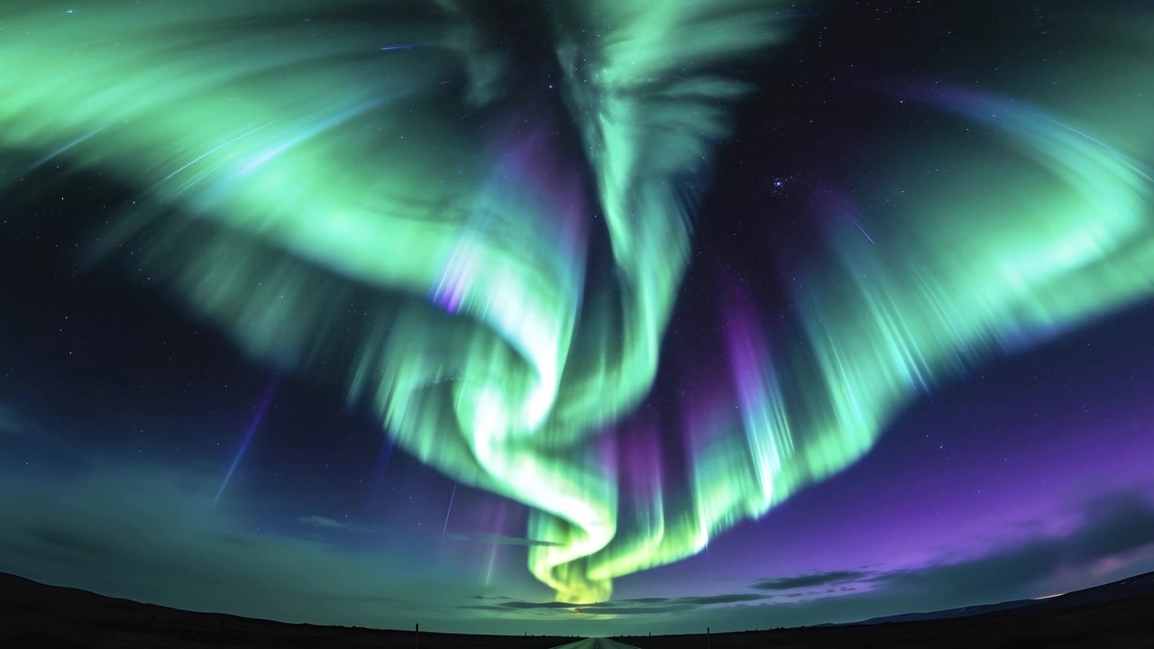 Una tenda appare vicino all'orizzonte, formando una colonna aurorale che si attorciglia sopra una strada a due corsie, generata dal vento solare.