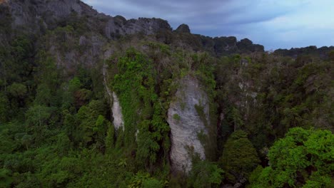 rai leh beach towering limestone cliffs emerging from tropical forest in krabi, thailand. gorgeous aerial view flight speed ramp hyper motion time lapse