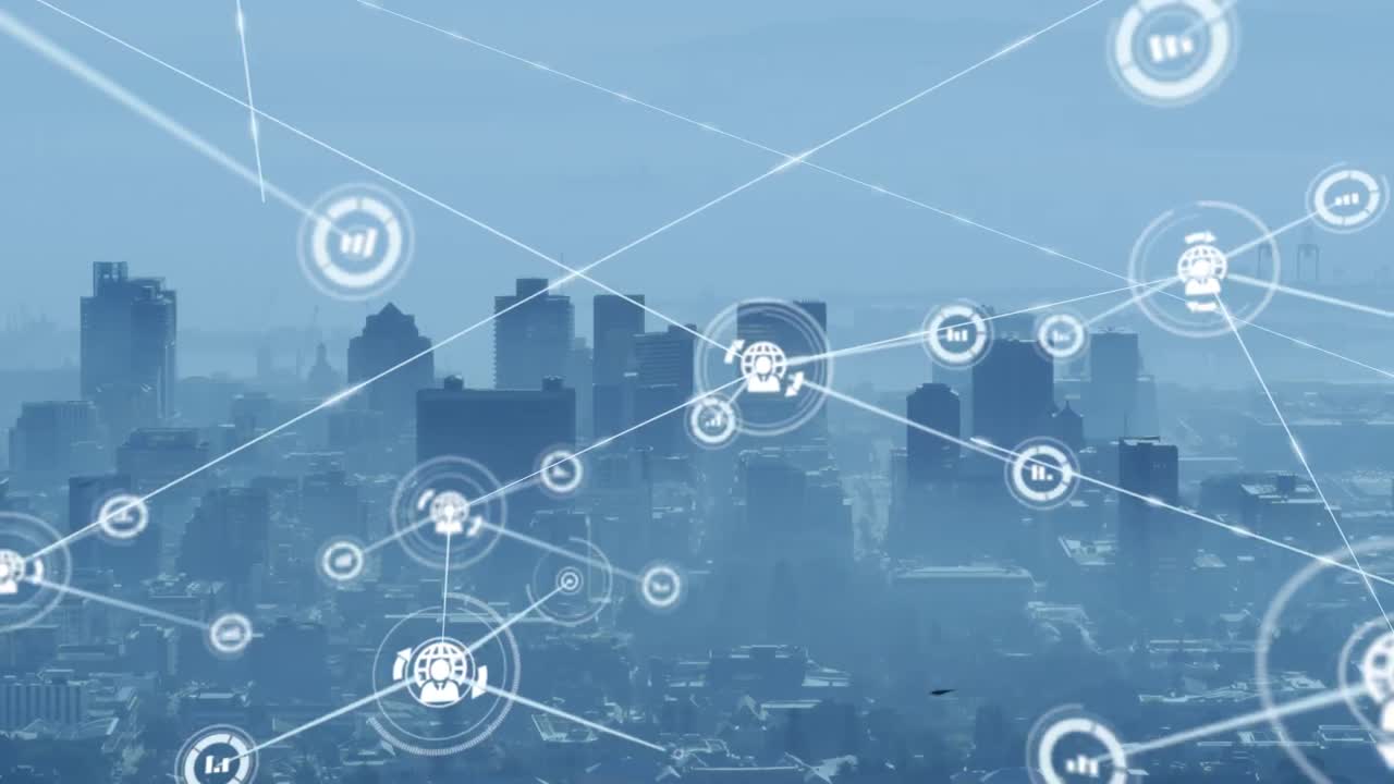 Animazione di rete di connessioni su paesaggio urbano