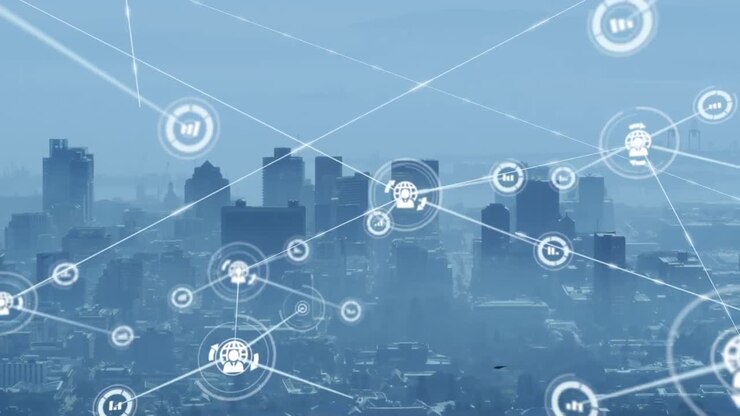 Animazione di rete di connessioni su paesaggio urbano