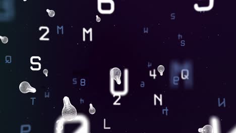 Animation-Von-Zahlen-Und-Buchstaben-über-Glühbirnensymbolen-Auf-Schwarzem-Hintergrund
