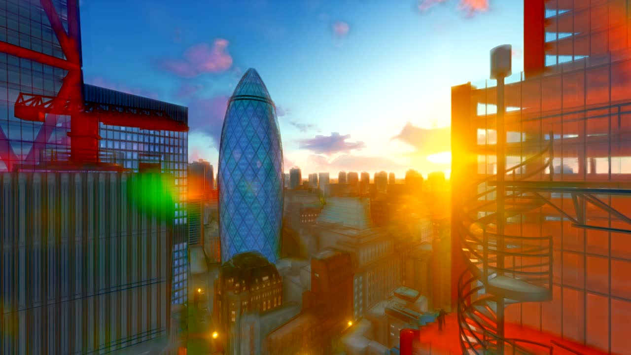 londres hermoso atardecer sobre el pepinillo, estilo de dibujos animados, sede suiza de reaseguros, vuelo de drones 4k