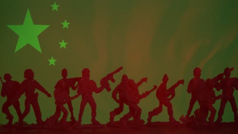 animation of flag of china over silhouettes of soldiers