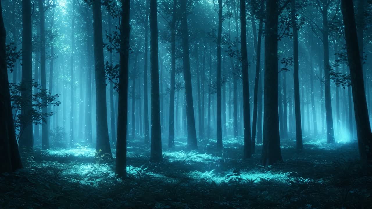 Mysterious Enchanted Forest Bathed in Ethereal Blue Light, Revealing the Tranquil Beauty of Nature at Dawn with Soft Rays Piercing Through Dense Canopy