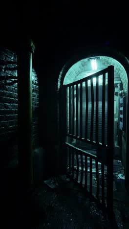 a dark alleyway with a metal gate and a brick wall.