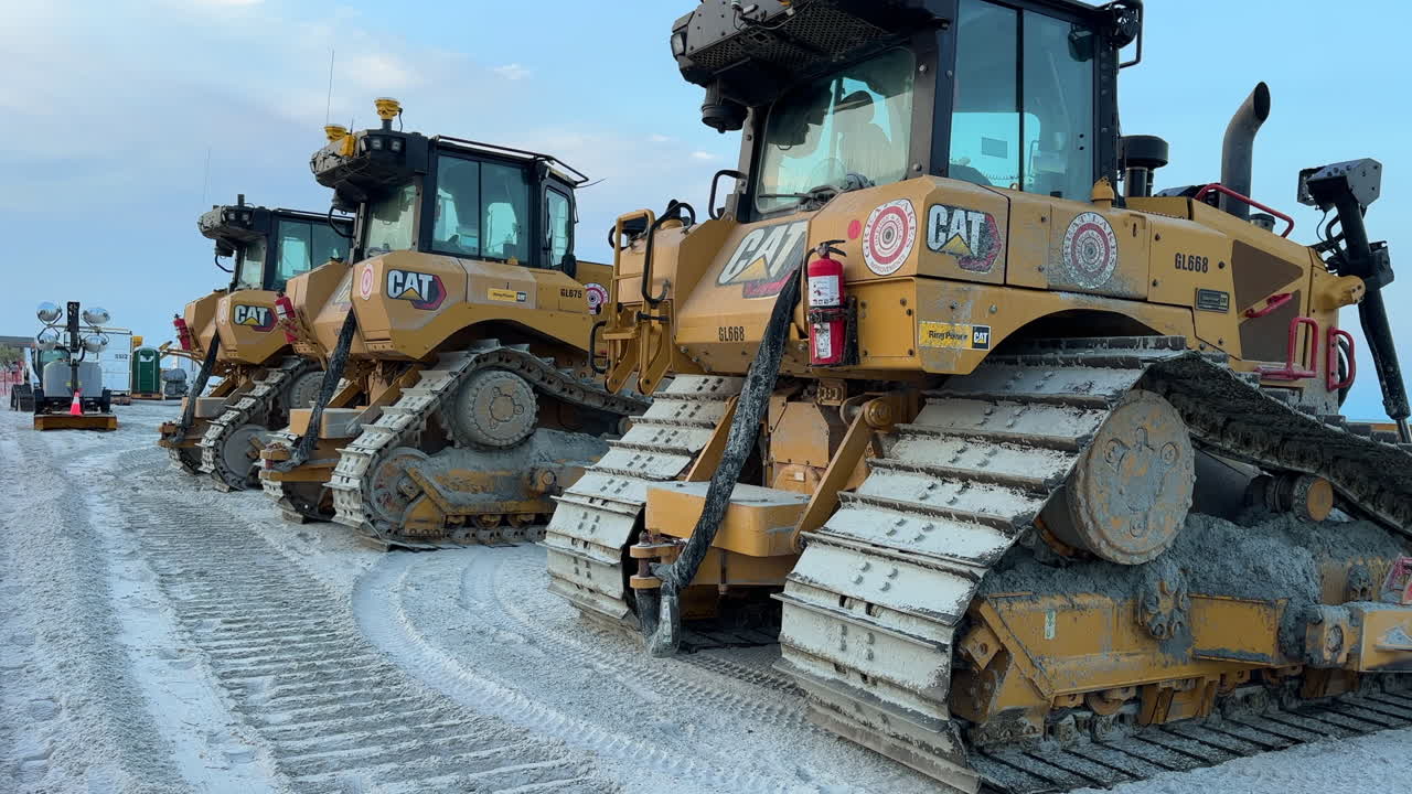 Bulldozers parked on sand as workers take break, beach replenishment