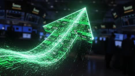 A Dynamic Chart Visualization of Financial Growth Indicated by an Ascending Green Arrow Surrounded by Data Metrics Representing Market Trends and Performance
