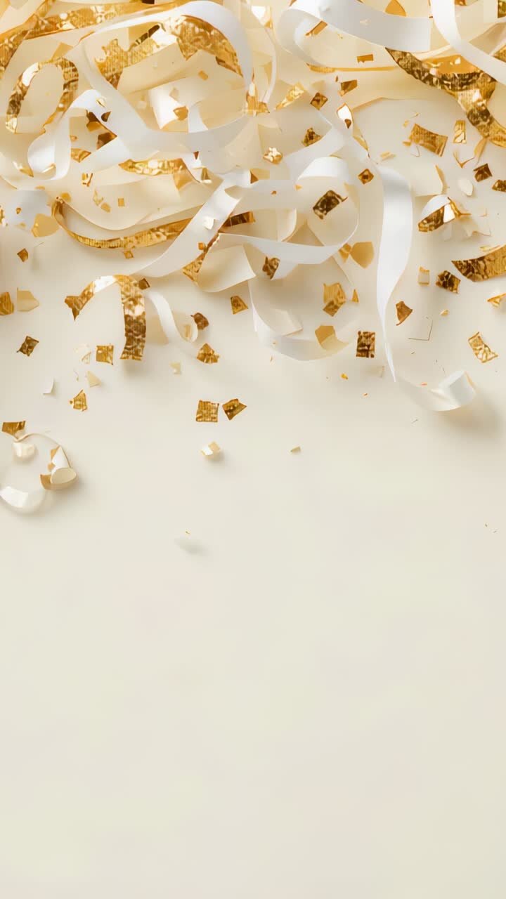 Vertical video: Showing curled ribbons moving from pan on cream top for party, gold confetti pearls