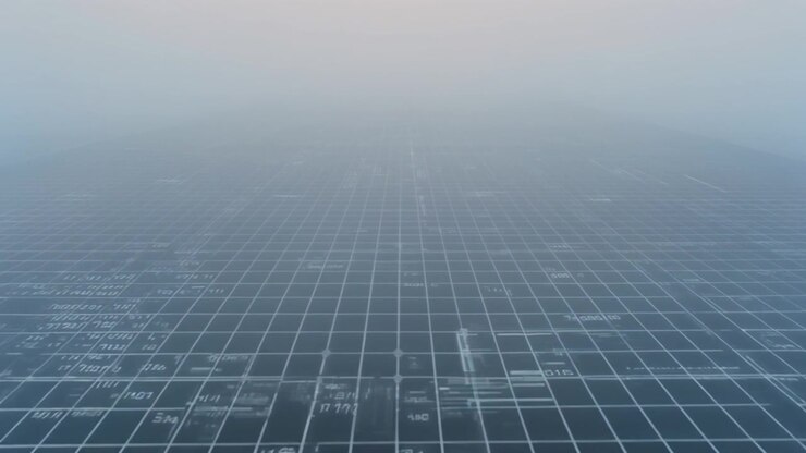 Abstrakt digitalt gitter bevægende sig gennem tåget atmosfære