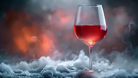 a glass of red liquid in a misty, ethereal setting