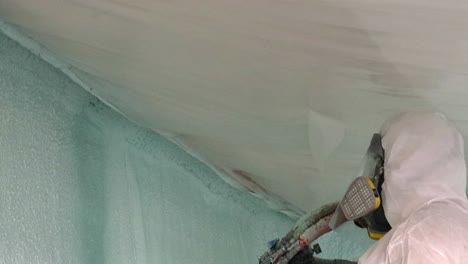 man in disposable suit and respirator is spraying closed cell foam insulation near the ceiling of an exterior wall of a new construction