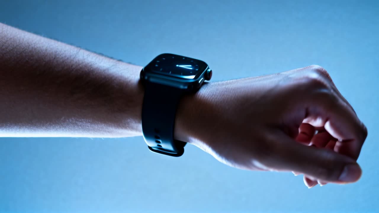 Rotating wrist revealing rectangular smartwatch face on blue backdrop, centering luminous V icon