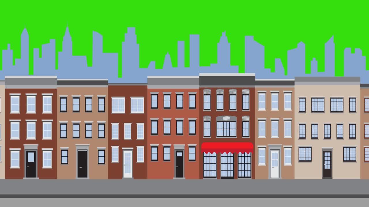 пустая улица циклическая анимация со старыми домами и небоскребами