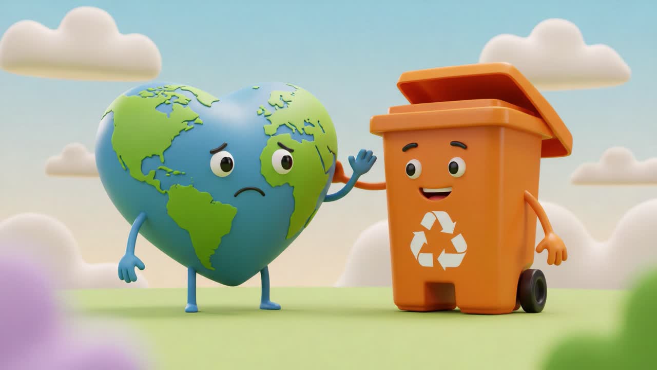 An Animated Journey of Earth Learning About Recycling and Sustainability Through a Friendly Encounter with a Smiling Trash Bin Character