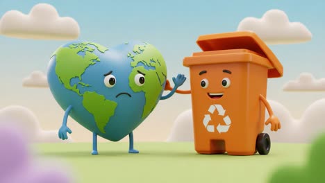 an animated journey of earth learning about recycling and sustainability through a friendly encounter with a smiling trash bin character