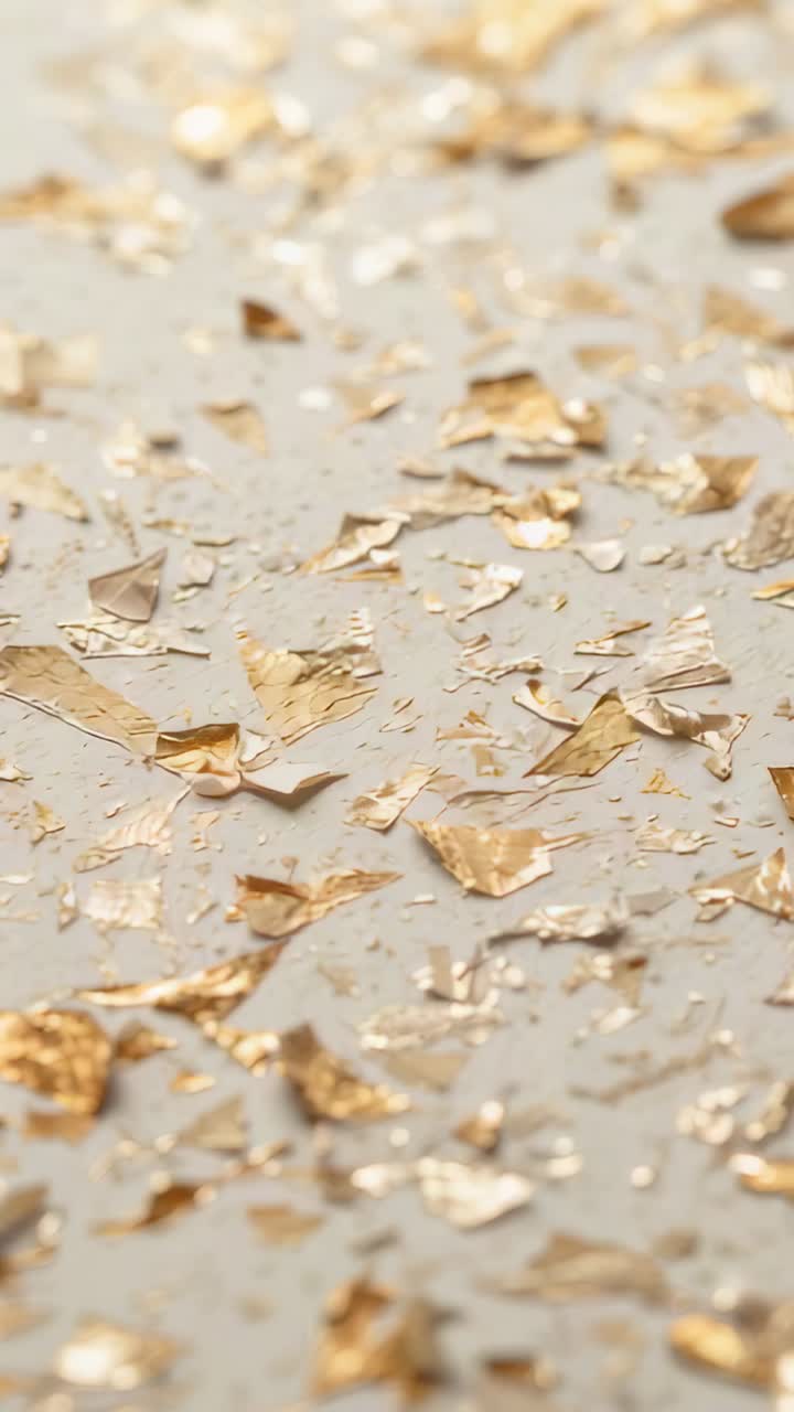 Vertical video: Shifting camera revealing scattered gold foil flakes on pale surface, showing bokeh