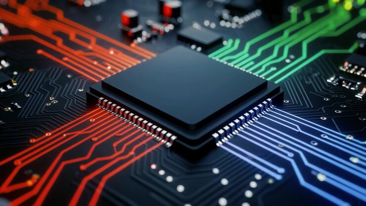 Central Processing Unit on Circuit Board with Glowing Data Streams